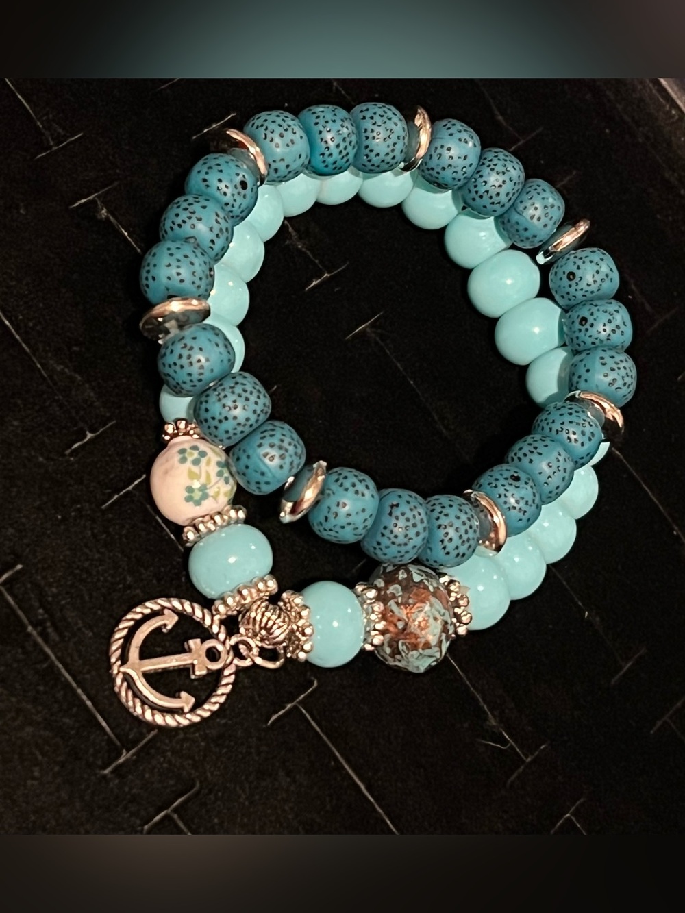 Turquoise Blue Beaded Stretch Bracelet with Anchor Charm set